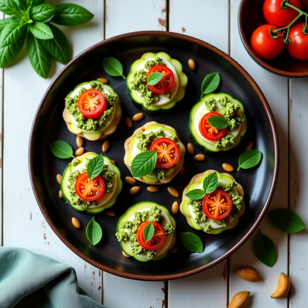Tartaletas veganas crudiveganas de zucchini en rodajas finas, rellenas de pesto cremoso de rúcula y decoradas con semillas de calabaza tostadas, tomates cherry y germinados de alfafa sobre un plato de madera rústico.