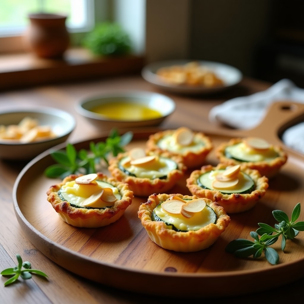 Tartaletas doradas de zucchini y queso de cabra en airfryer, con textura crujiente por fuera y cremosa por dentro, servidas en moldes de silicona sobre una bandeja de madera rústica.