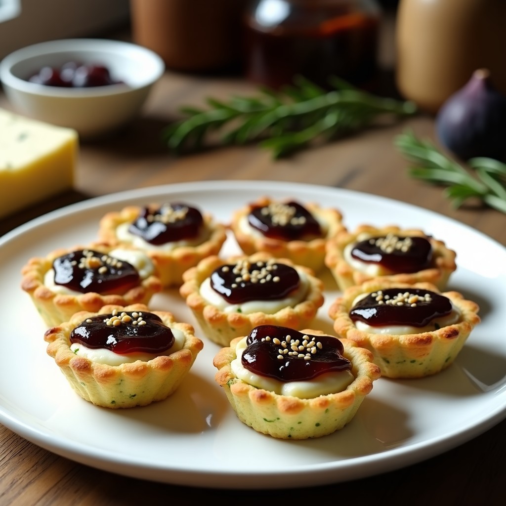 Tartaletas griegas sin harina con base dorada de semillas de sésamo y linaza, rellenas de rodajas de zucchini asado, queso de cabra cremoso y mermelada de higuera brillante, decoradas con tomillo fresco sobre fondo rústico de madera.