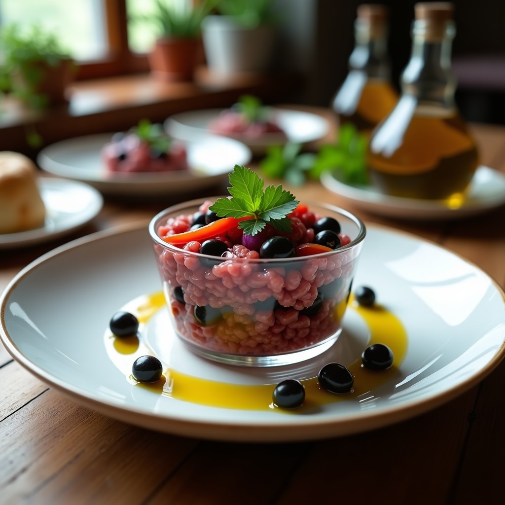 Tartar de aceitunas negras y alcaparras servido en una copa de cristal transparente, con trozos de cebolla morada y pimiento rojo, decorado con perejil fresco y un hilo de aceite de oliva virgen extra.