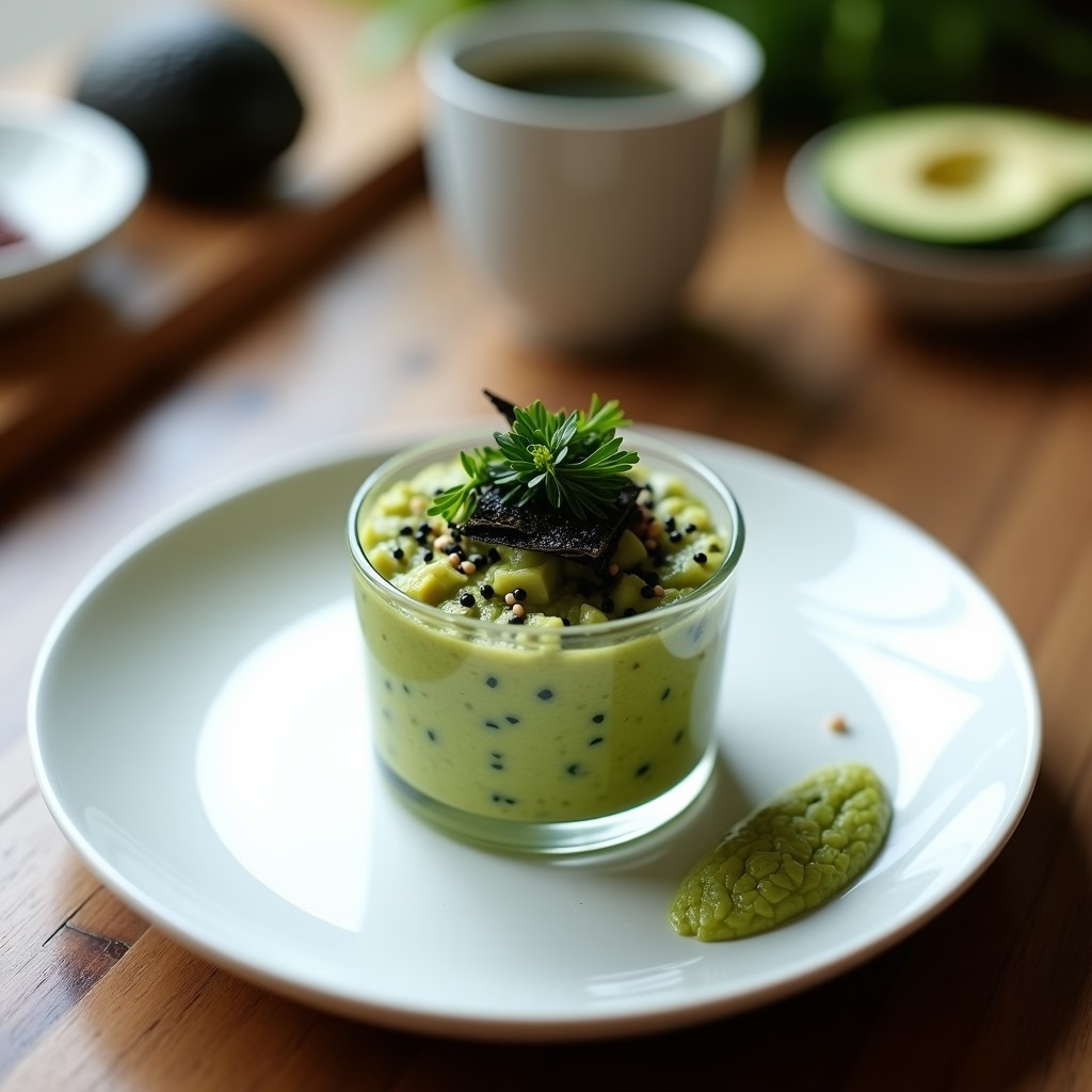Tartar de aguacate cremoso con algas nori en láminas finas y semillas de sésamo negro, servido en copa de vidrio con toque de wasabi y cebollino fresco.