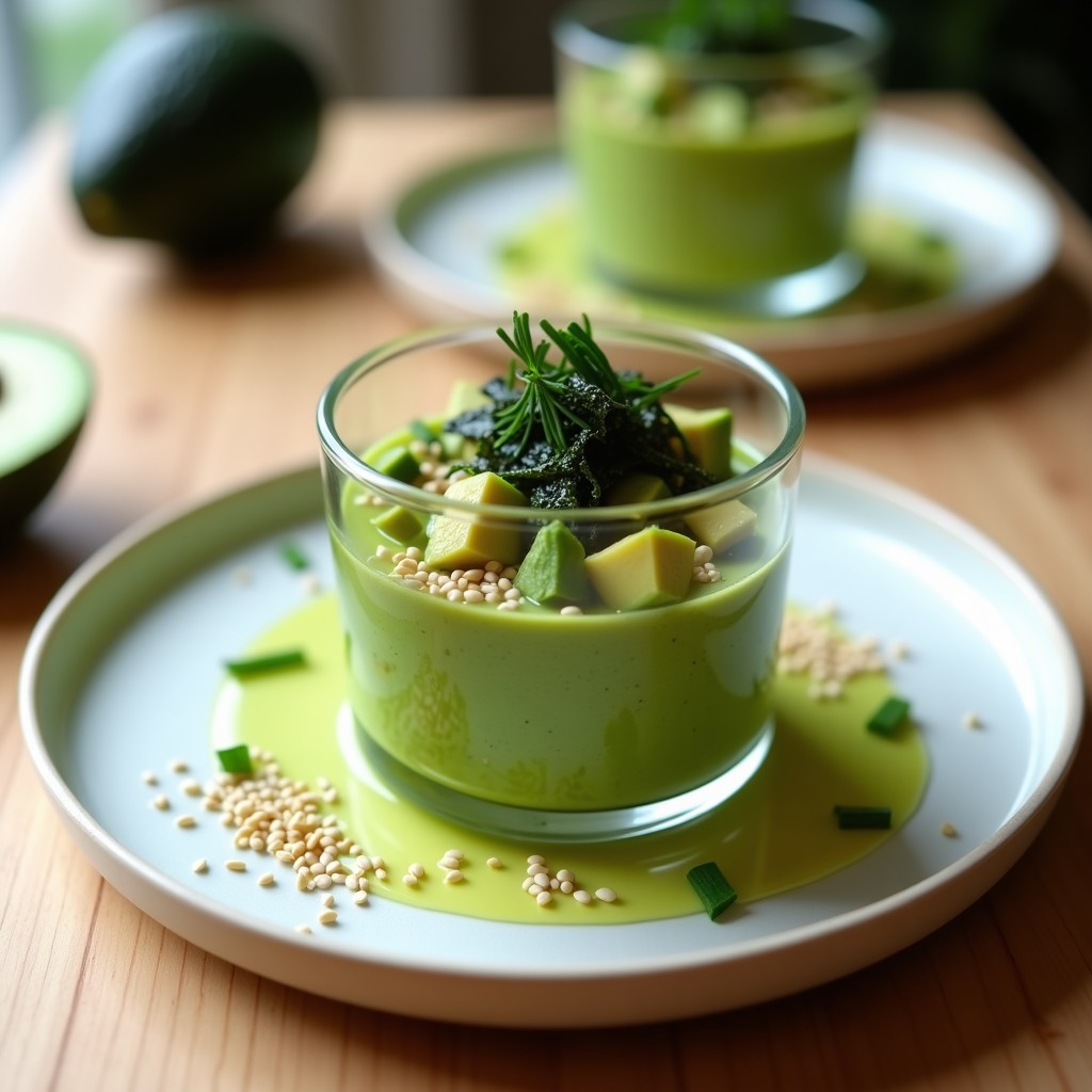 Tartar de aguacate y algas nori servido en copa de cristal, con capas verdes cremosas, algas nori en tiras oscuras y semillas de sésamo tostadas por encima. Decorado con hilo de aceite de oliva y cebollino picado.