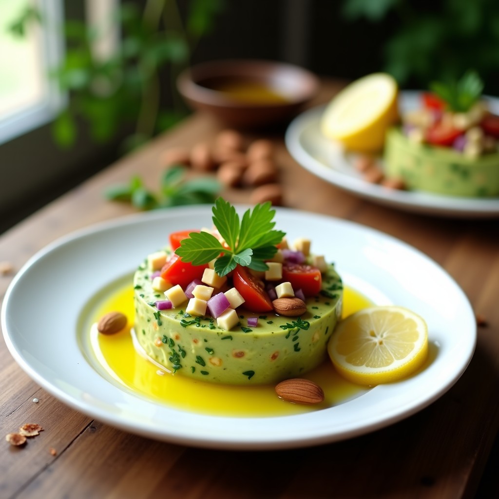 Plato blanco con tartar de aguacate y almendras vegano, decorado con perejil fresco, rodajas de limón y un hilo de aceite de oliva virgen extra. Textura cremosa del aguacate mezclada con trozos crujientes de almendras tostadas y tomate fresco.