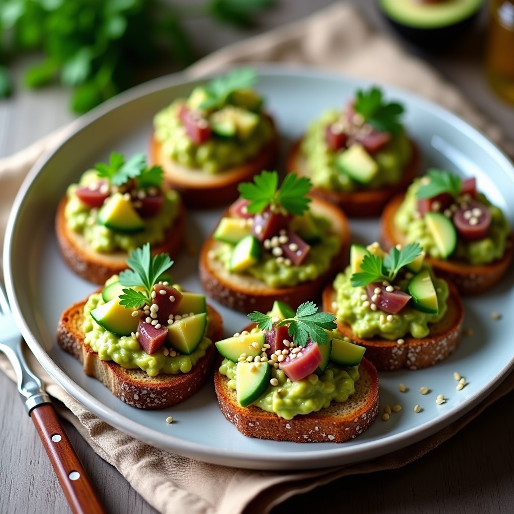 Tartar de aguacate y atún ahumado servido sobre tostadas integrales, decorado con semillas de sésamo y cilantro fresco, receta crujiente y alta en omega-3.