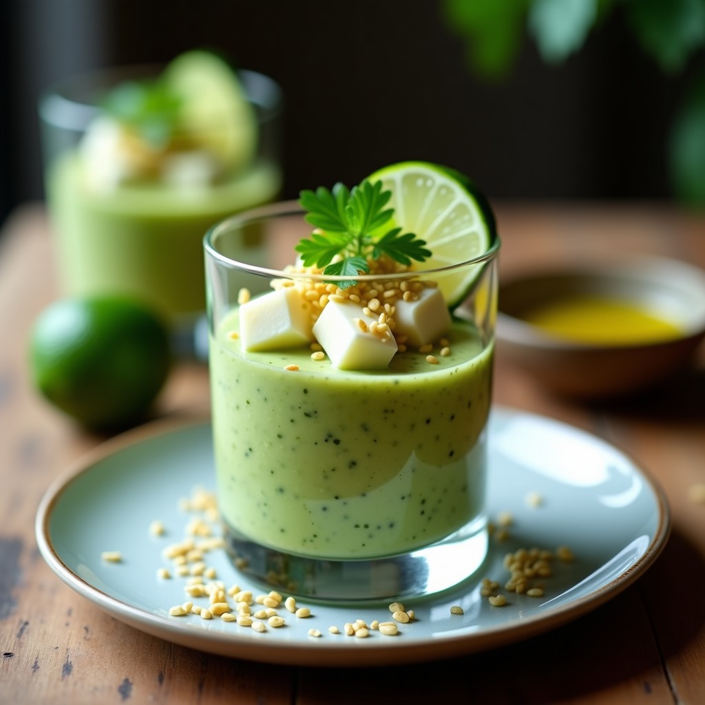 Tartar de aguacate y corazón de palma vegano servido en molde redondo con vinagreta de lima, decorado con semillas de sésamo y microgreens sobre fondo de madera clara.