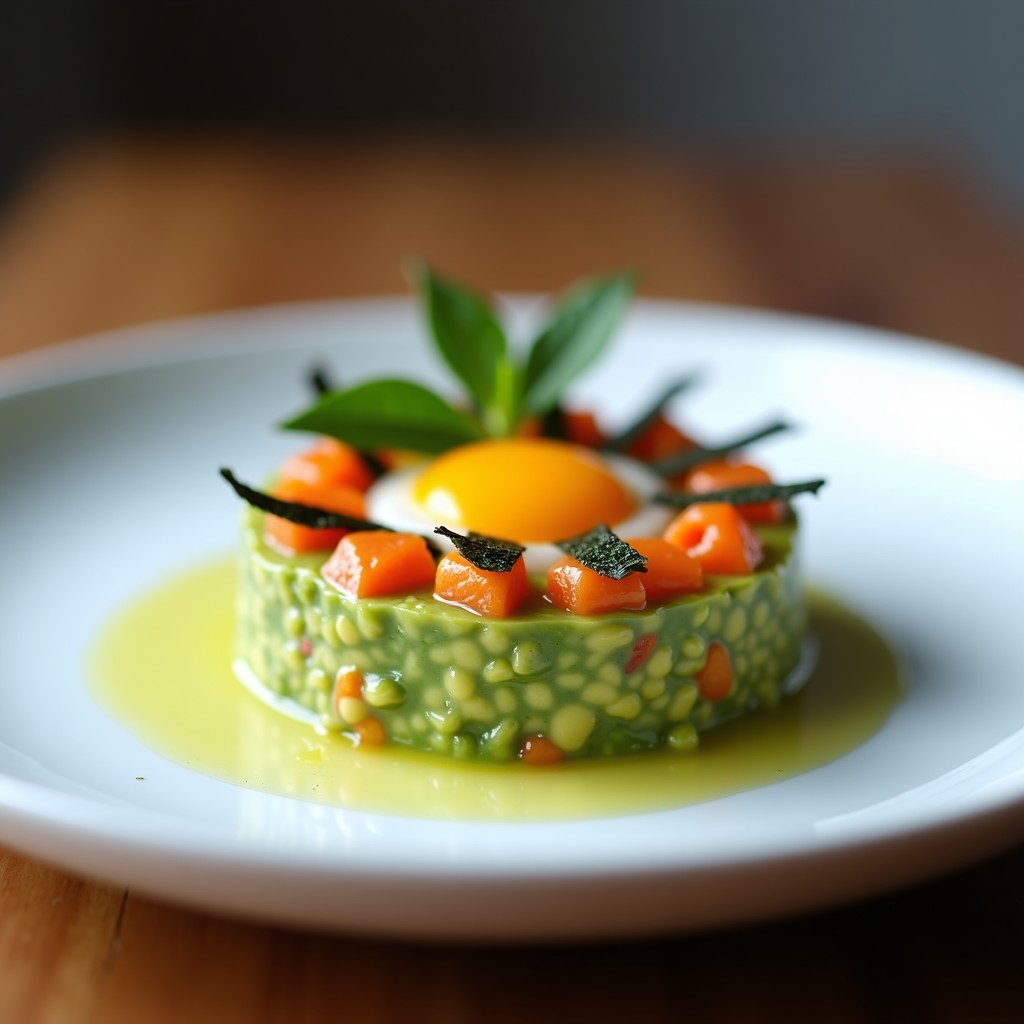 Tartar de aguacate y erizo de mar presentando en molde de anillo, con láminas de alga nori y yema de huevo de codorniz. Plato blanco minimalista con toque citrino, receta francesa gourmet.