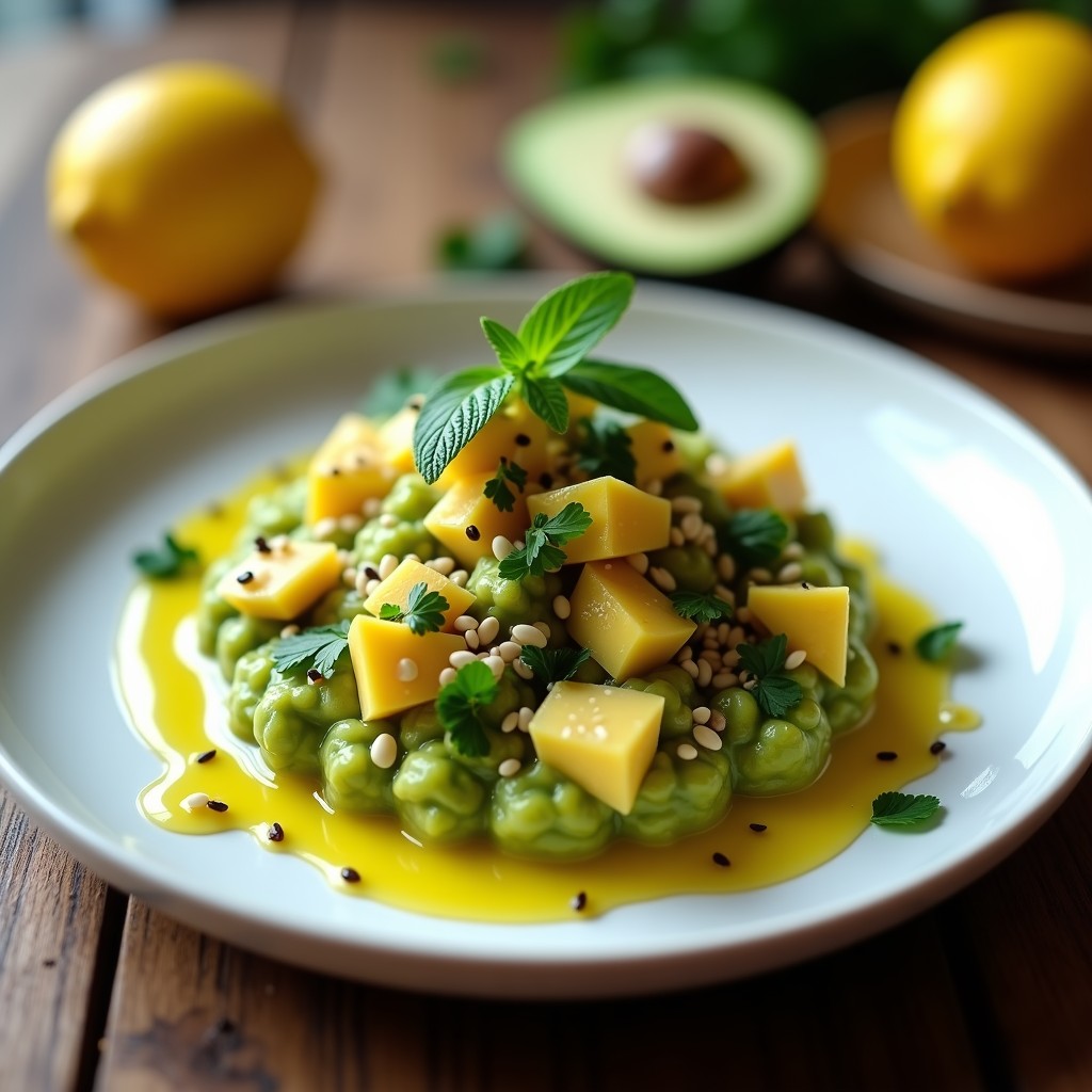 Tartar de aguacate y granadilla con vinagreta de limón servido en plato blanco, decorado con semillas de sésamo, hojas de menta y semillas de granadilla. Entrante sudafricano vegano fresco y colorido.