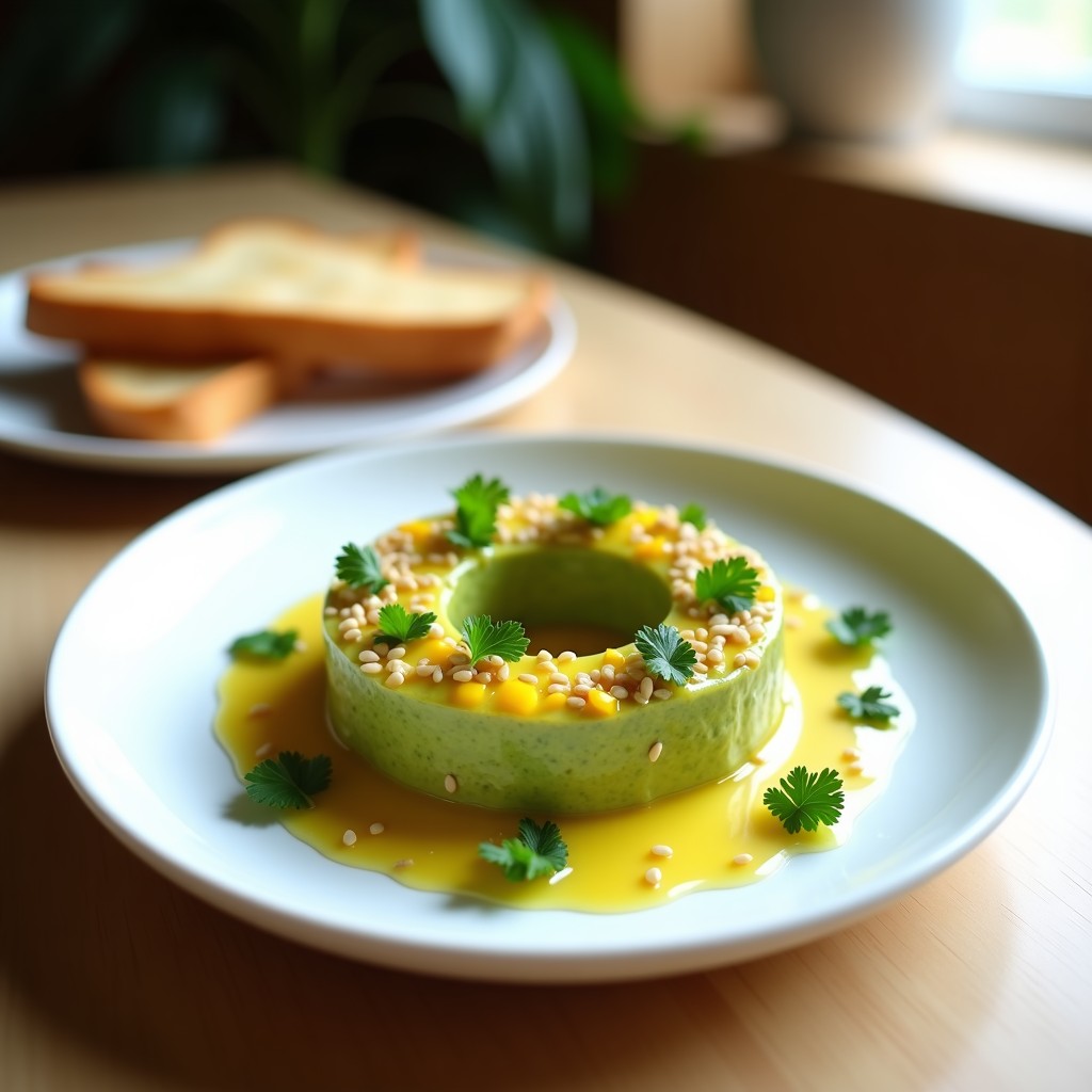 Plato blanco minimalista con tartar de aguacate y granadilla con vinagreta de limón yuzu, decorado con semillas de sésamo y cilantro fresco. Receta peruana gourmet en primer plano.