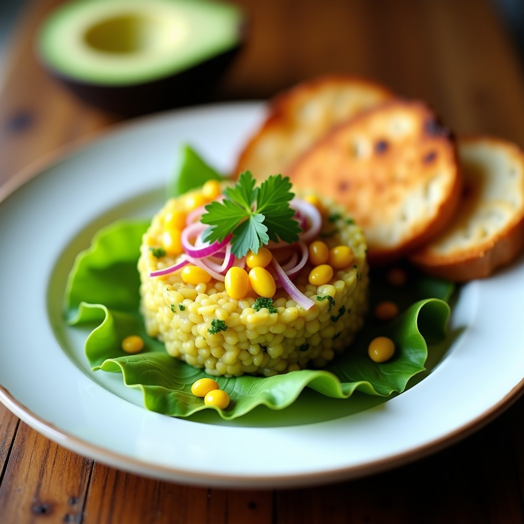 Plato blanco con tartar de aguacate y granos de granadilla, decorado con semillas de sésamo tostado, hojas de menta y cebolla morada. Receta colombiana fresca y crujiente con aliño de limón y miel.