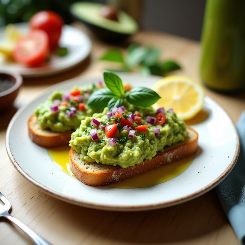 Plato blanco con tartar de aguacate y hierbas provenzales vegano, decorado con albahaca fresca y servido sobre pan tostado sin gluten, receta express sin cocción.