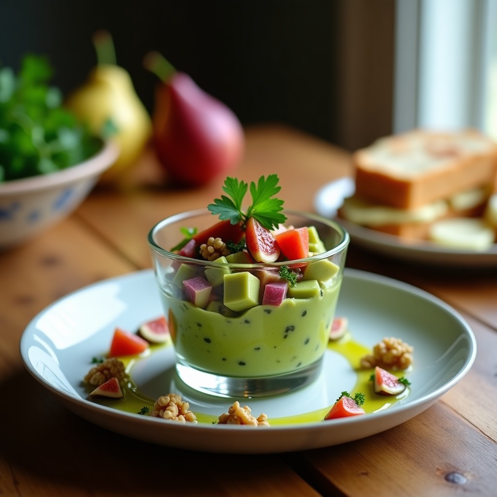 Tartar de aguacate y higos frescos servido en copa de cristal, con trozos verdes de aguacate, morados de higos y toques dorados de nueces picadas, decorado con perejil.