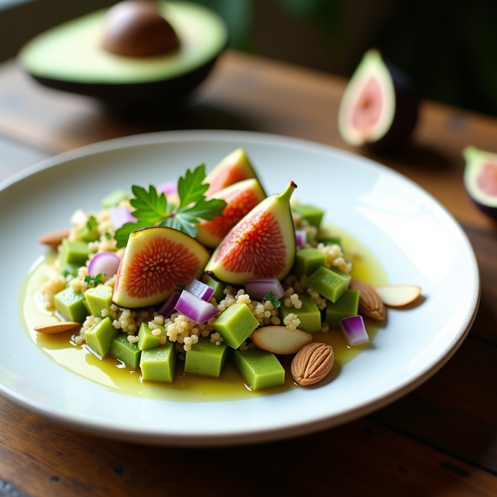 Tartar de aguacate y higos con quinoa servido en plato blanco, decorado con almendras fileteadas, rodajas de higo y perejil fresco.