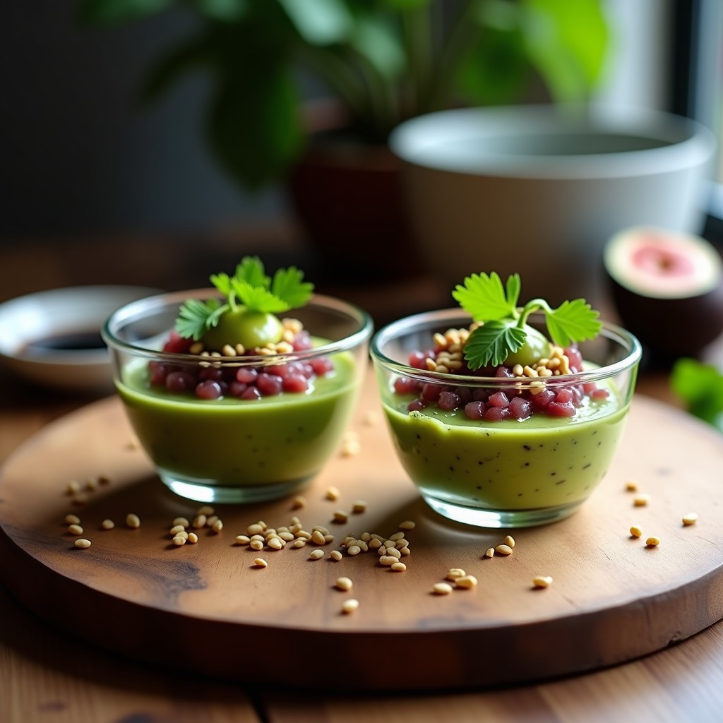 Copas de cristal transparente con tartar de aguacate y higos, decorado con semillas de sésamo y cilantro fresco, servido sobre una tabla de madera rústica.