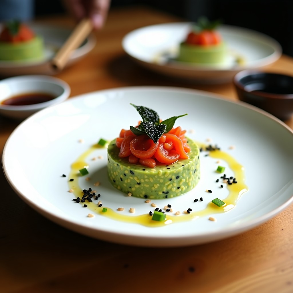 Plato blanco minimalista con tartar de aguacate cremoso en forma circular, decorado con huevas de tobiko rojas, semillas de sésamo negro, cebollino picado y tiras de alga nori, con un hilo de aceite de sésamo brillante.