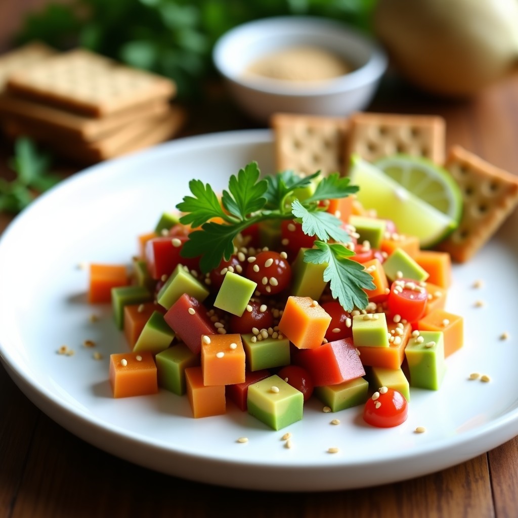 Plato blanco con tartar de aguacate y mamey en cubos, decorado con semillas de sésamo, cilantro fresco y rodajas de limón verde, servido con crackers integrales.