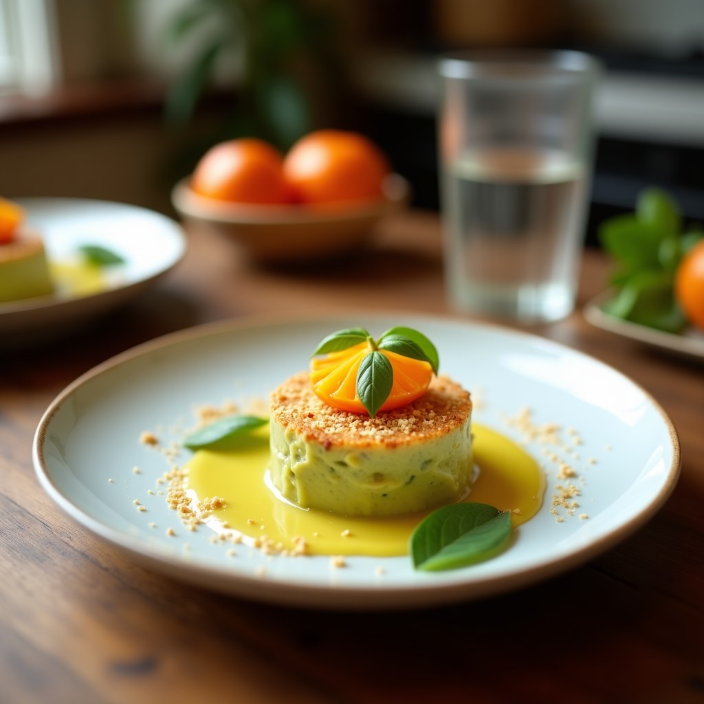Plato blanco con tartar de aguacate y mandarina en cubos, decorado con sésamo tostado y semillas de amapola, servido con tostadas integrales.