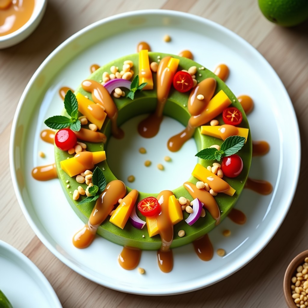 Plato blanco con tartar de aguacate y mango en forma de anillo, cubierto con salsa de cacahuete cremosa, semillas de sésamo y hojas de menta, acompañado de crackers integrales.