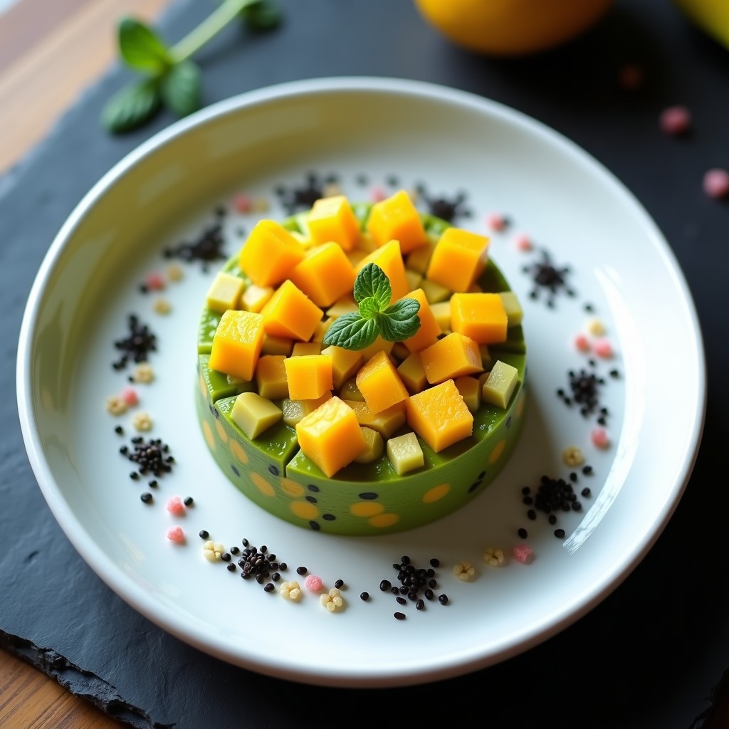 Plato blanco minimalista con tartar de aguacate y mango en molde redondo, decorado con caviar de limón amarillo brillante, semillas de sésamo negro y microvegetales verdes, receta crudivegana gourmet.