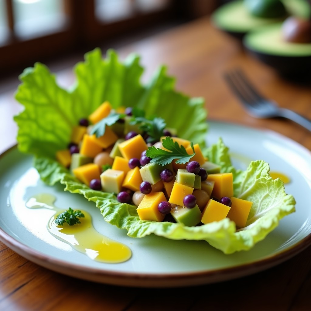 Tartar de aguacate y mango servido sobre hojas de lechuga romana, con trozos de maíz morado y cilantro fresco. Plato colorido y vibrante típico de la cocina peruana vegana.