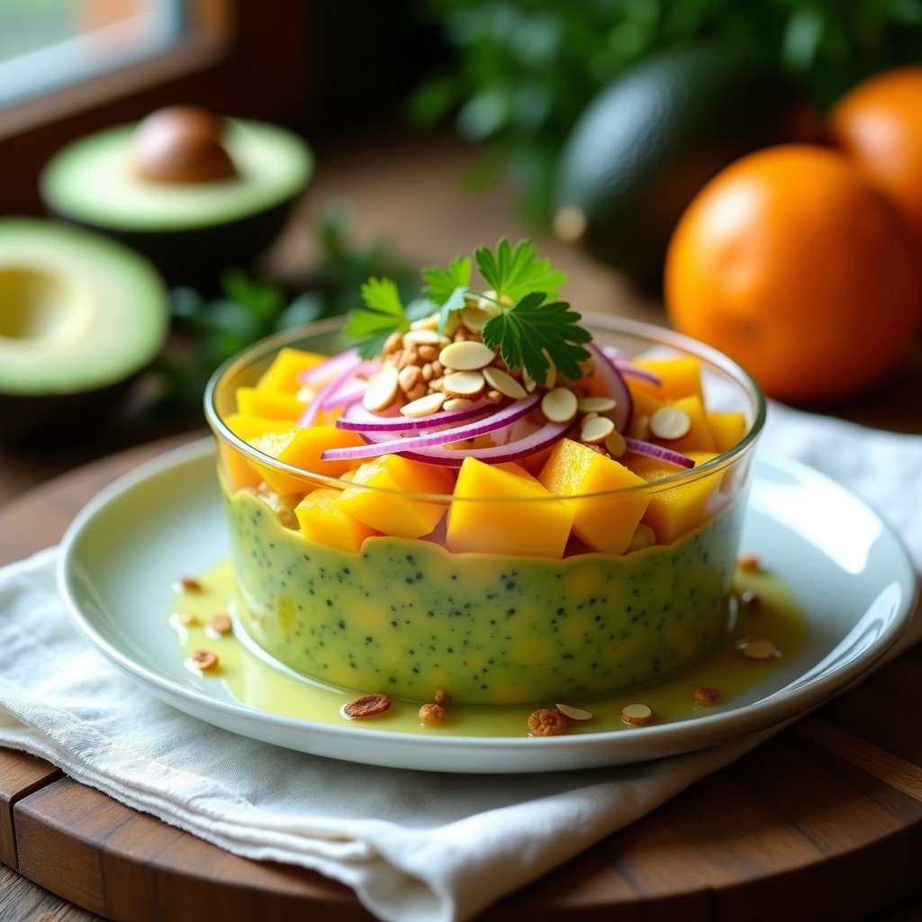 Tartar de aguacate y mango estilo cebiche vegano servido en copa de cristal, con capas verdes y amarillas, decorado con almendras fileteadas y cilantro fresco.