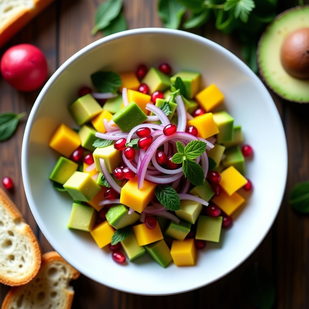 Plato blanco con tartar de aguacate y mango en cubos, cebolla morada, semillas de granada y hojas de menta, servido con tostadas integrales.