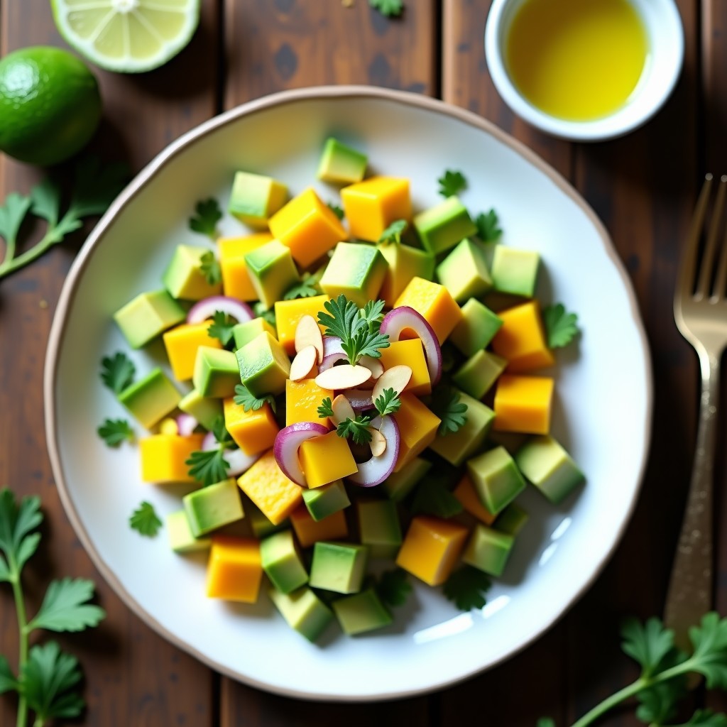 Tartar de aguacate y mango con cilantro servido en un plato blanco, con cubos verdes y naranjas, decorado con almendras fileteadas y hojas de cilantro fresco.