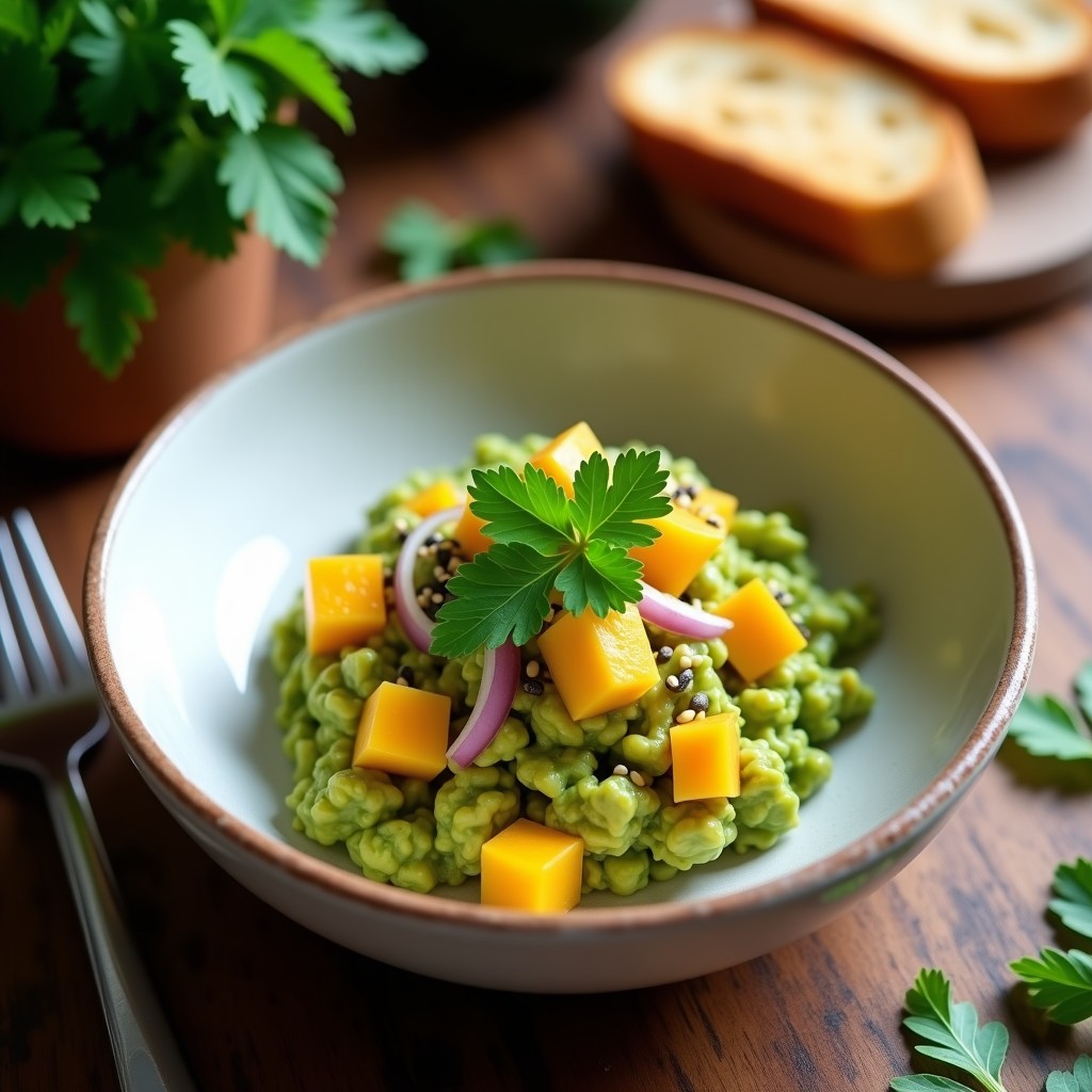 Plato blanco con tartar de aguacate y mango en cubos, decorado con cilantro fresco y semillas de sésamo, servido con tostadas integrales.