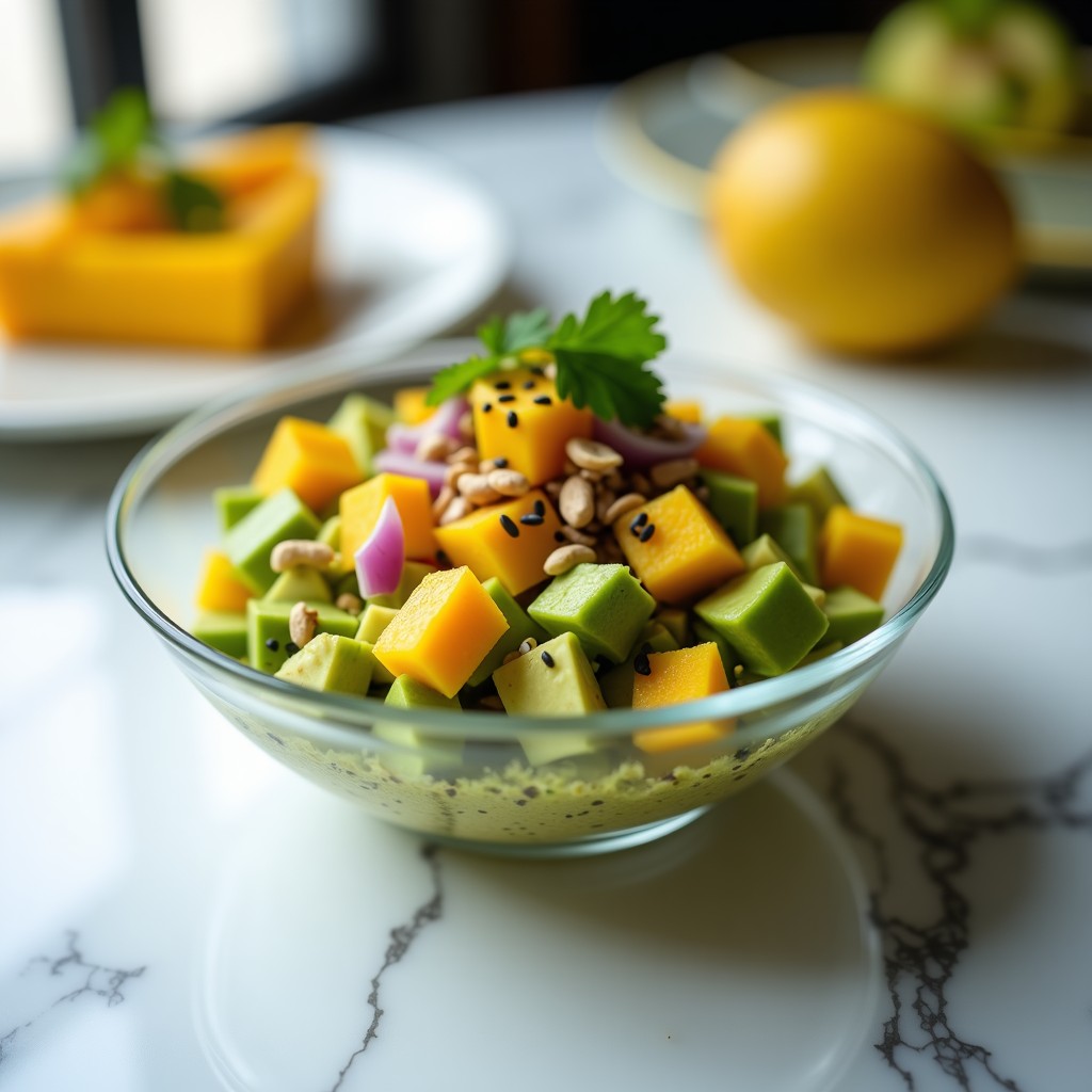 Copa de cristal transparente con tartar de aguacate y mango en capas, decorado con semillas de sésamo negro y cacahuetes picados sobre fondo blanco.
