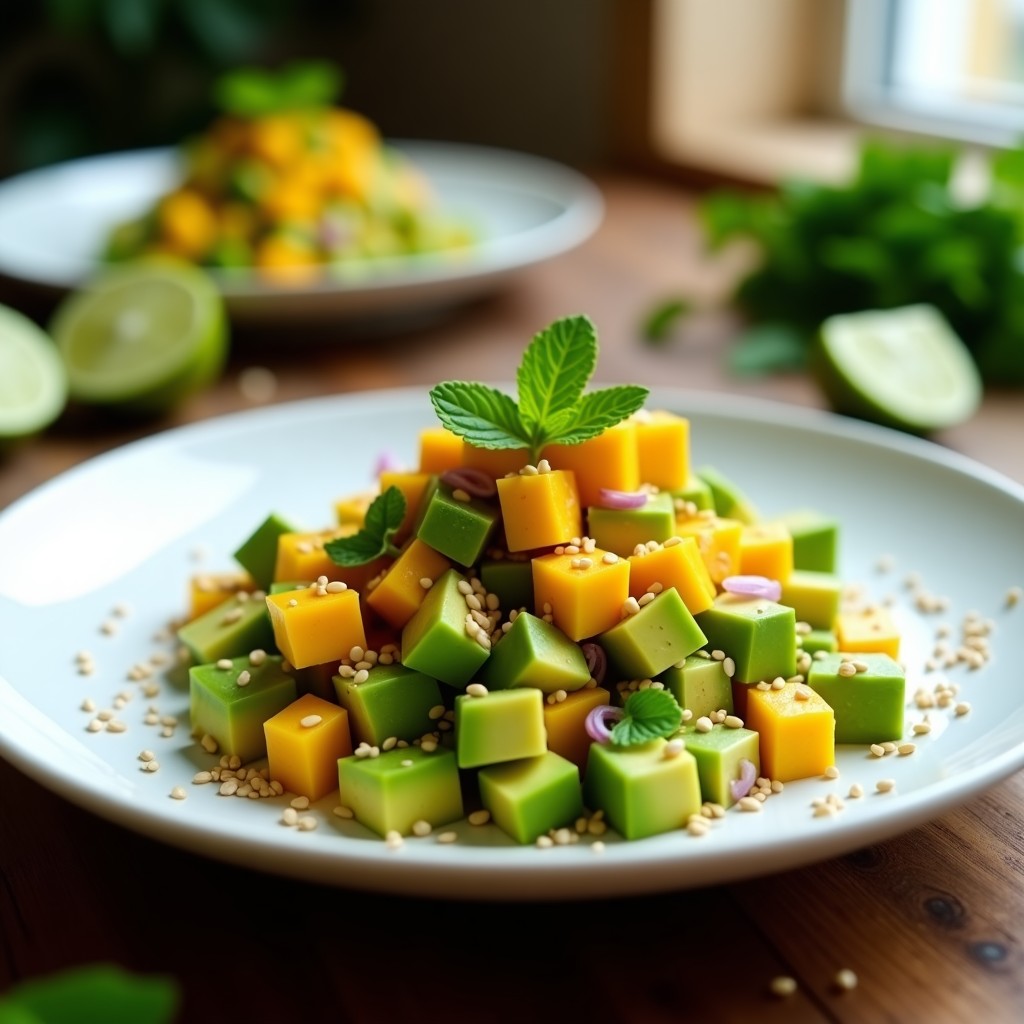Plato blanco con tartar de aguacate y mango en cubos, decorado con sésamo tostado, semillas de amapola y hojas de menta, servido con tostadas integrales.