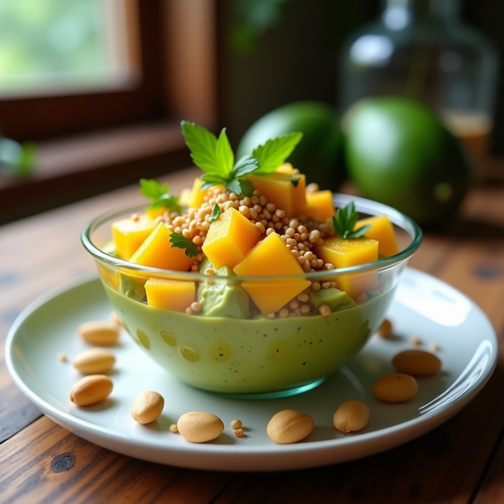 Copa de cristal transparente con tartar de aguacate y mango en capas, decorado con semillas de sésamo tostadas, cacahuetes picados y hojas de cilantro fresco sobre fondo de madera rústica.