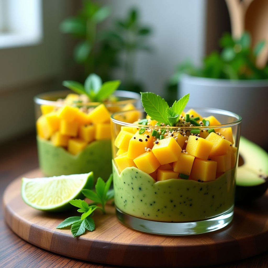 Copas de cristal transparente con tartar de aguacate y mango en cubos, decorado con semillas de sésamo, cebollino y hojas de menta, servido sobre una tabla de madera rústica con rodajas de limón al lado.