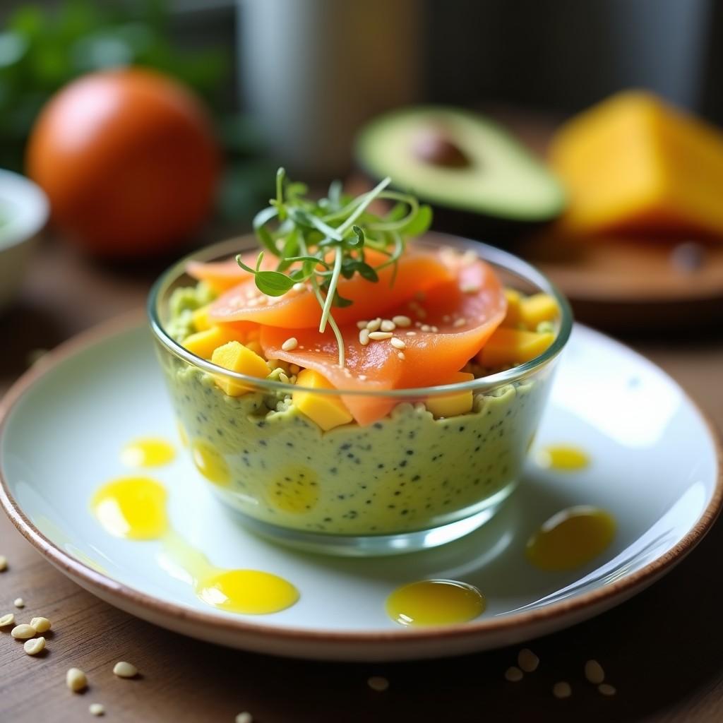 Copa transparente con tartar de aguacate y mango en capas, coronado con láminas de salmón ahumado, semillas de sésamo y microvegetales, sobre fondo de madera rústica.