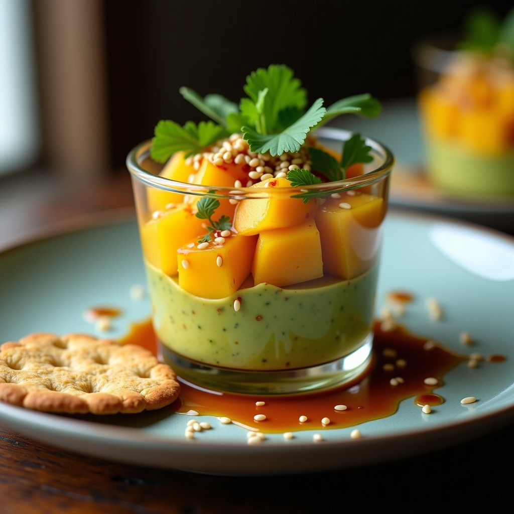 Tartar de aguacate y mango con salsa teriyaki servido en copa de cristal, con semillas de sésamo y cilantro fresco, sobre fondo de madera oscura.