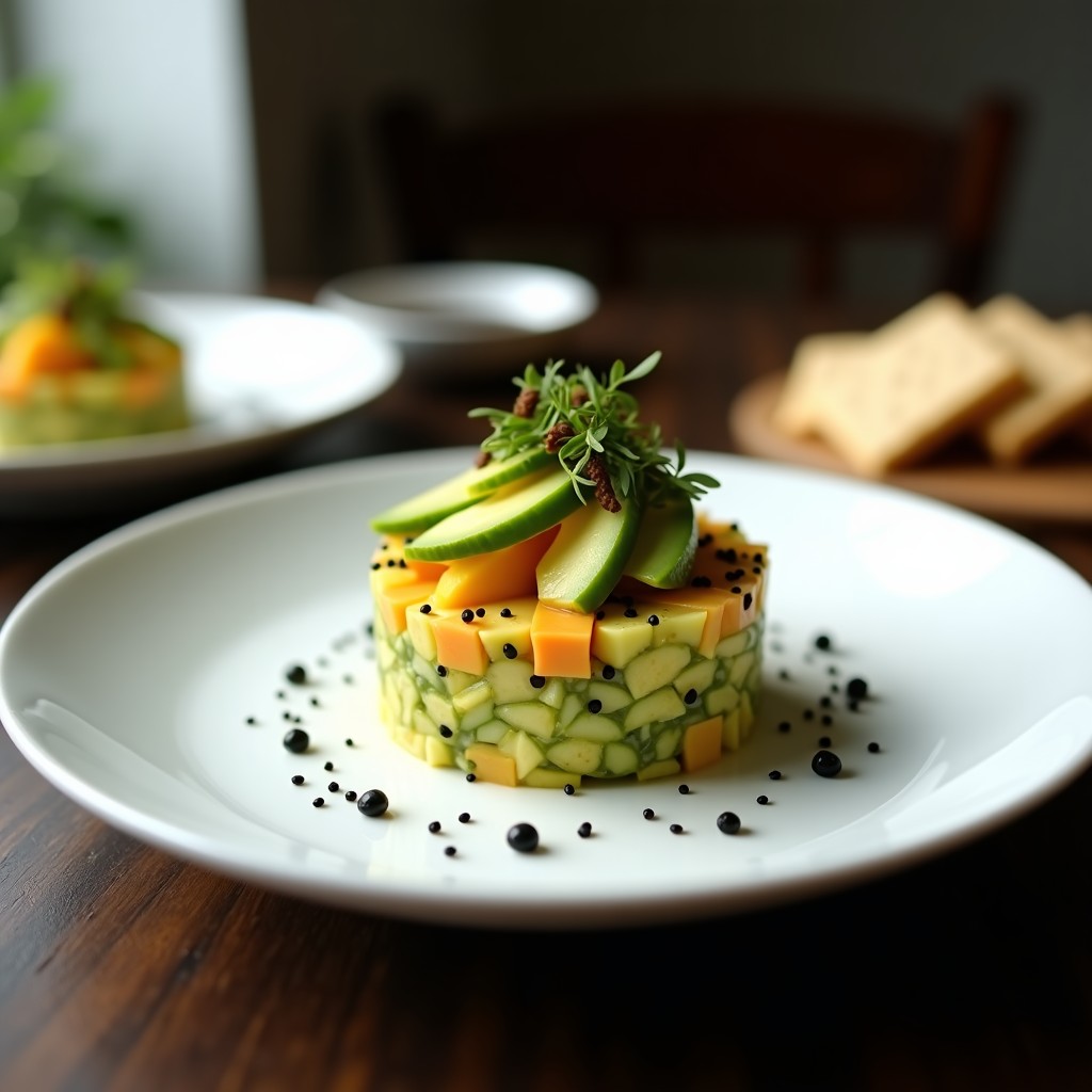 Plato blanco con tartar de aguacate y mango en forma de torre, decorado con semillas de sésamo negro y láminas de alga nori, acompañado de galletas de arroz, receta vegana estilo sushi.