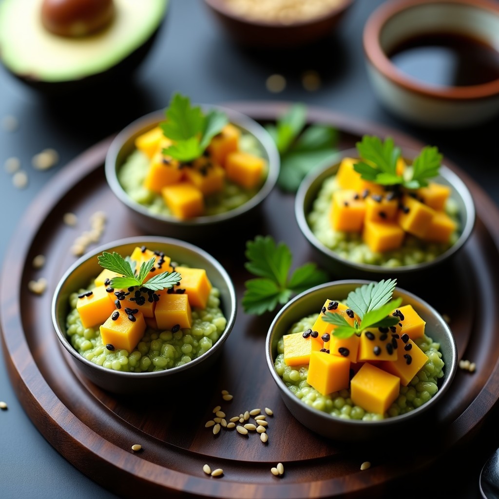 Tartar de aguacate y mango servirado en moldes metálicos sobre una tabla de madera oscura, decorado con algas nori, semillas de sésamo negro y cilantro fresco.