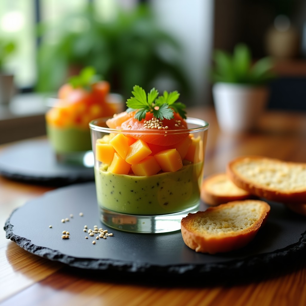 Copa elegante con tartar de aguacate y mango en capas, coronado con salmón ahumado en láminas y semillas de sésamo, acompañado de tostadas integrales.