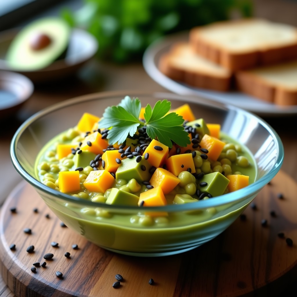 Tartar de aguacate y mango en copa de cristal, con semillas de sésamo negro, cilantro fresco y toque umami, servido con tostadas integrales.