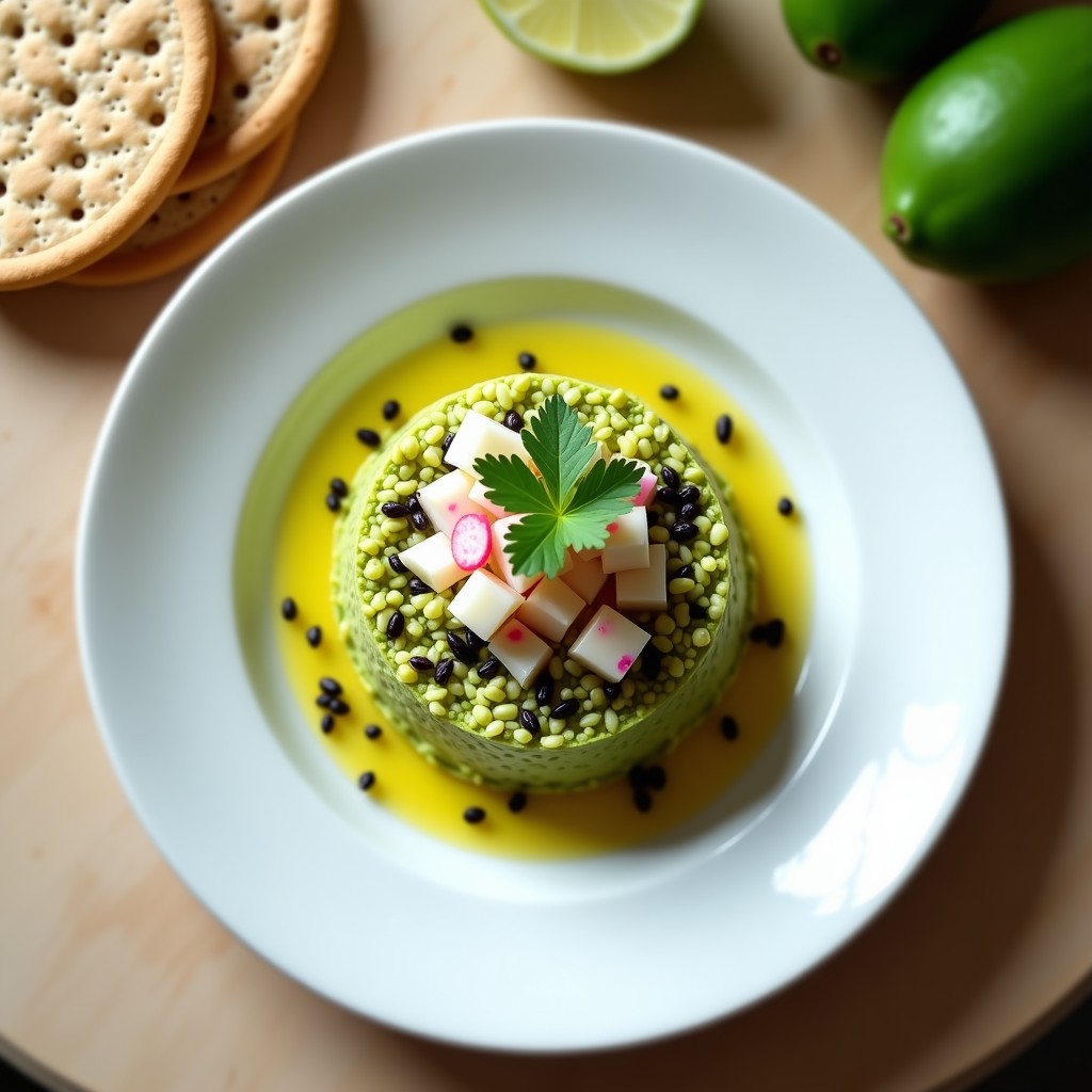 Plato blanco elegante con tartar de aguacate y mangostán en cubos, decorado con semillas de sésamo negro, pimienta rosa y hojas de cilantro, acompañado de crackers integrales.
