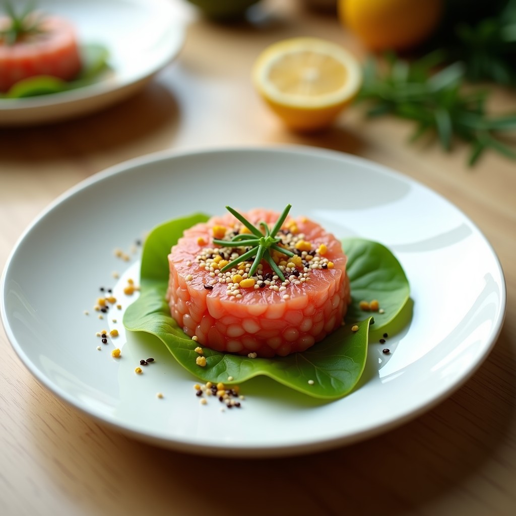 Plato blanco minimalista con tartar de aguacate y pomelo rosa en el centro, decorado con semillas de sésamo doradas, hojas de menta y un hilo de aceite de sésamo. Entrante vegano y sin gluten con texturas cremosas y crujientes.