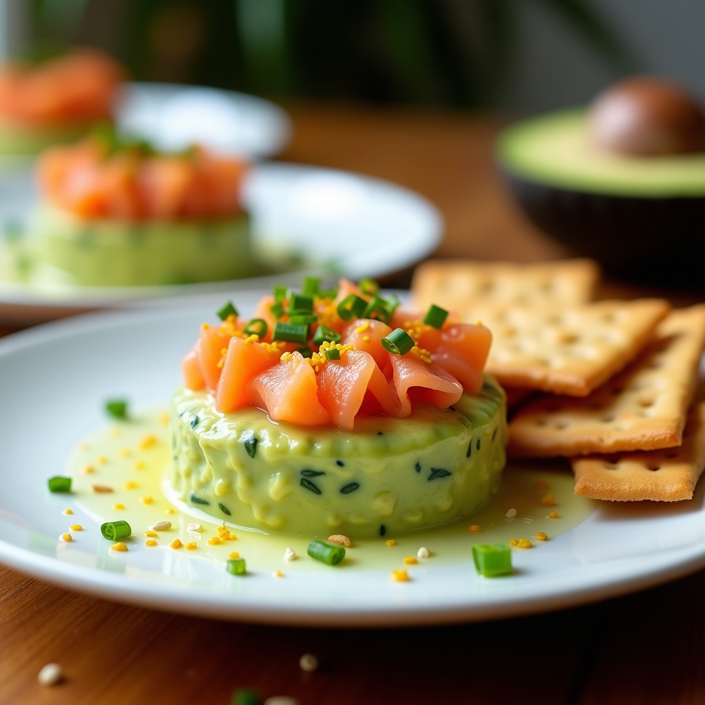 Plato blanco elegante con tartar de aguacate y salmón ahumado sin huevo, decorado con semillas de sésamo y cebollino, acompañado de tostadas keto.
