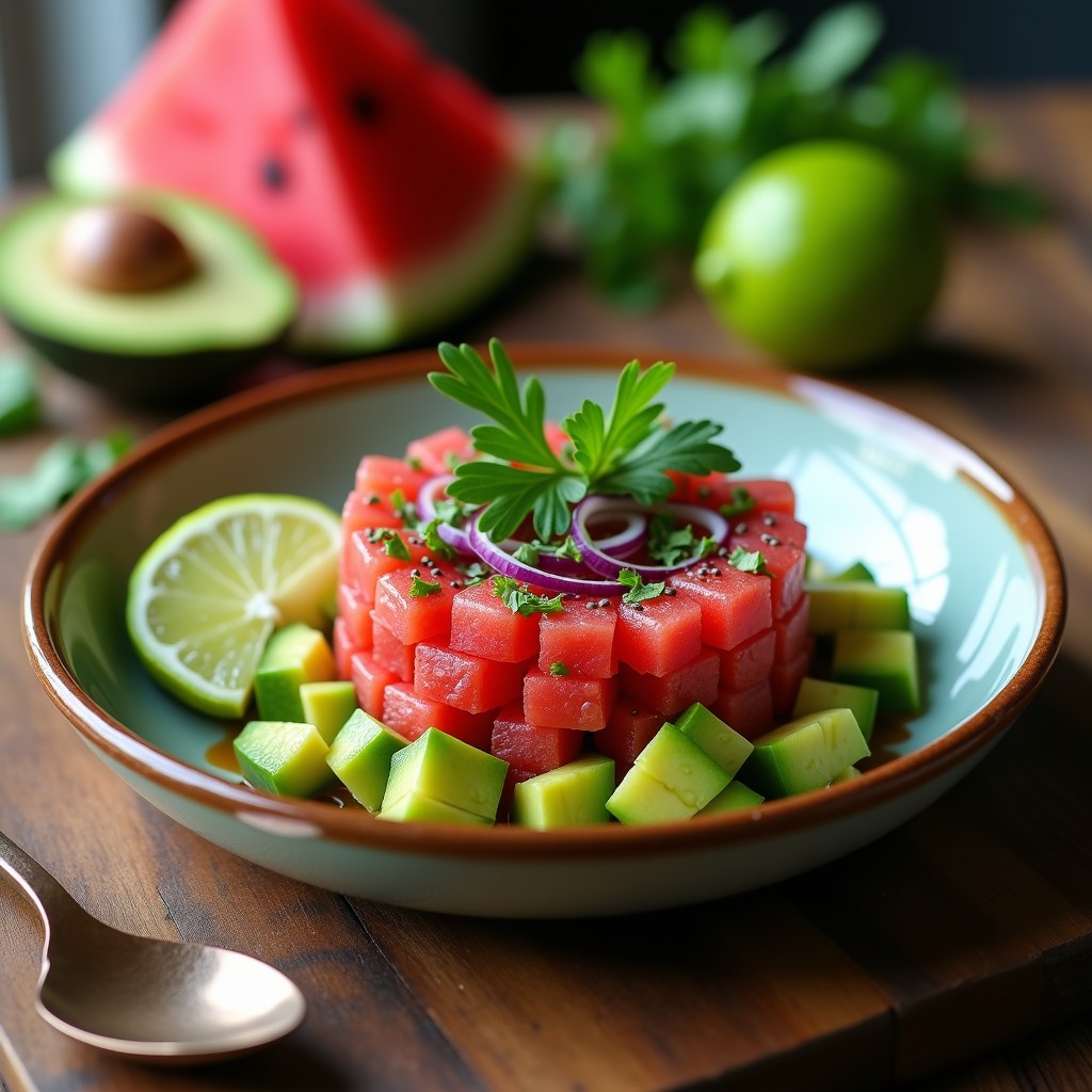 Tartar de aguacate y sandía en copa de cristal transparente, con cubos verdes y rojos brillantes, decorado con hojas de cilantro, semillas de chía y rodaja de lima al lado. Plato fresco y colorido sobre fondo rústico de madera.