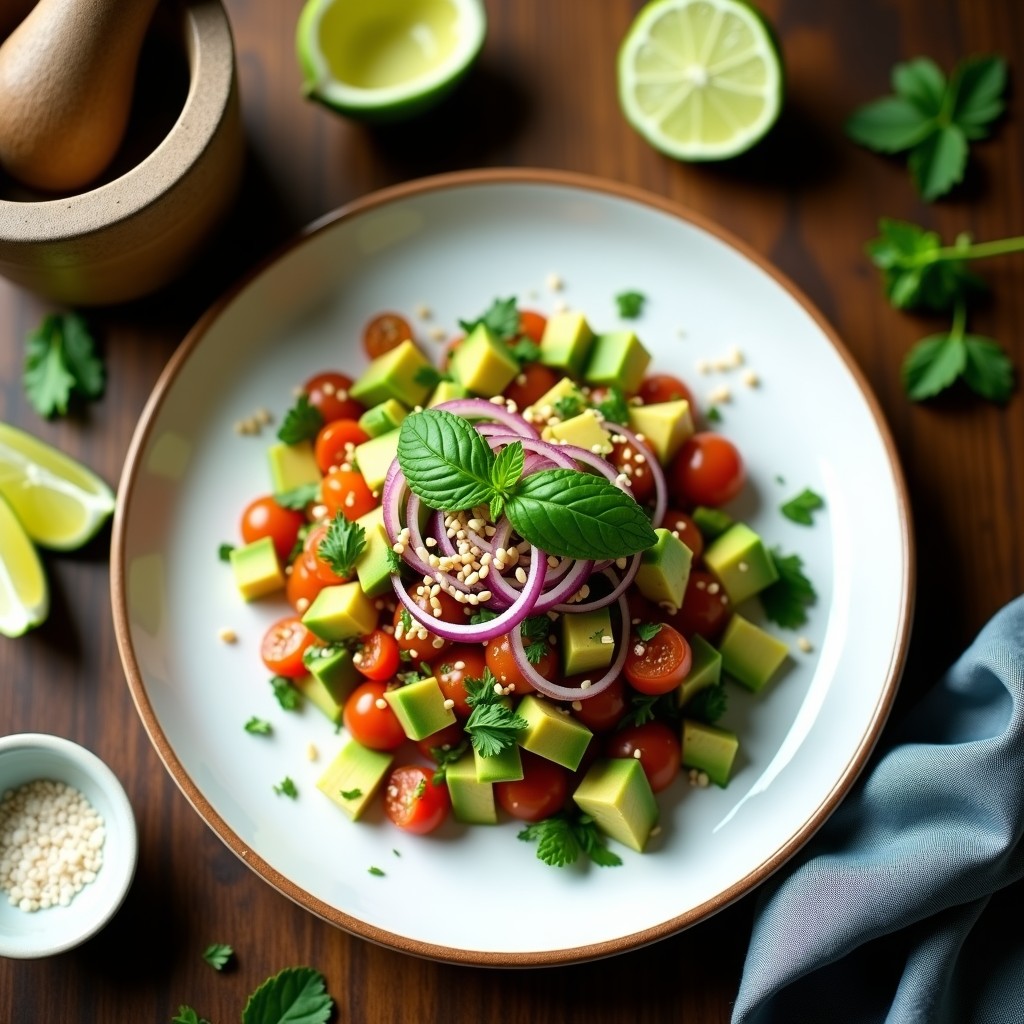 Tartar de aguacate y tomate de árbol con aliño de lima y cilantro servido en plato blanco, decorado con semillas de sésamo y hojas de menta, receta colombiana vegana y crudivegana.