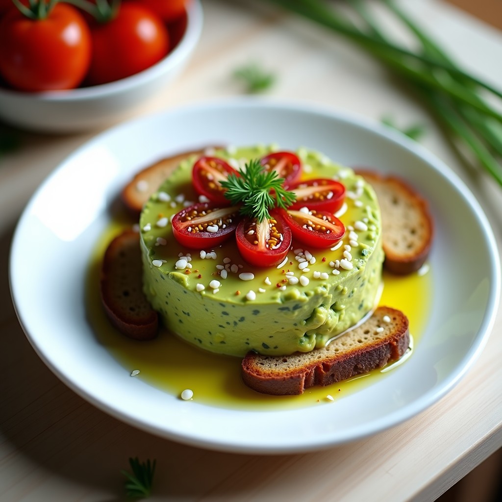 Plato blanco con tartar de aguacate y tomate seco umami servido sobre rebanadas de pan de centeno tostado, decorado con semillas de sésamo y cebollino fresco.