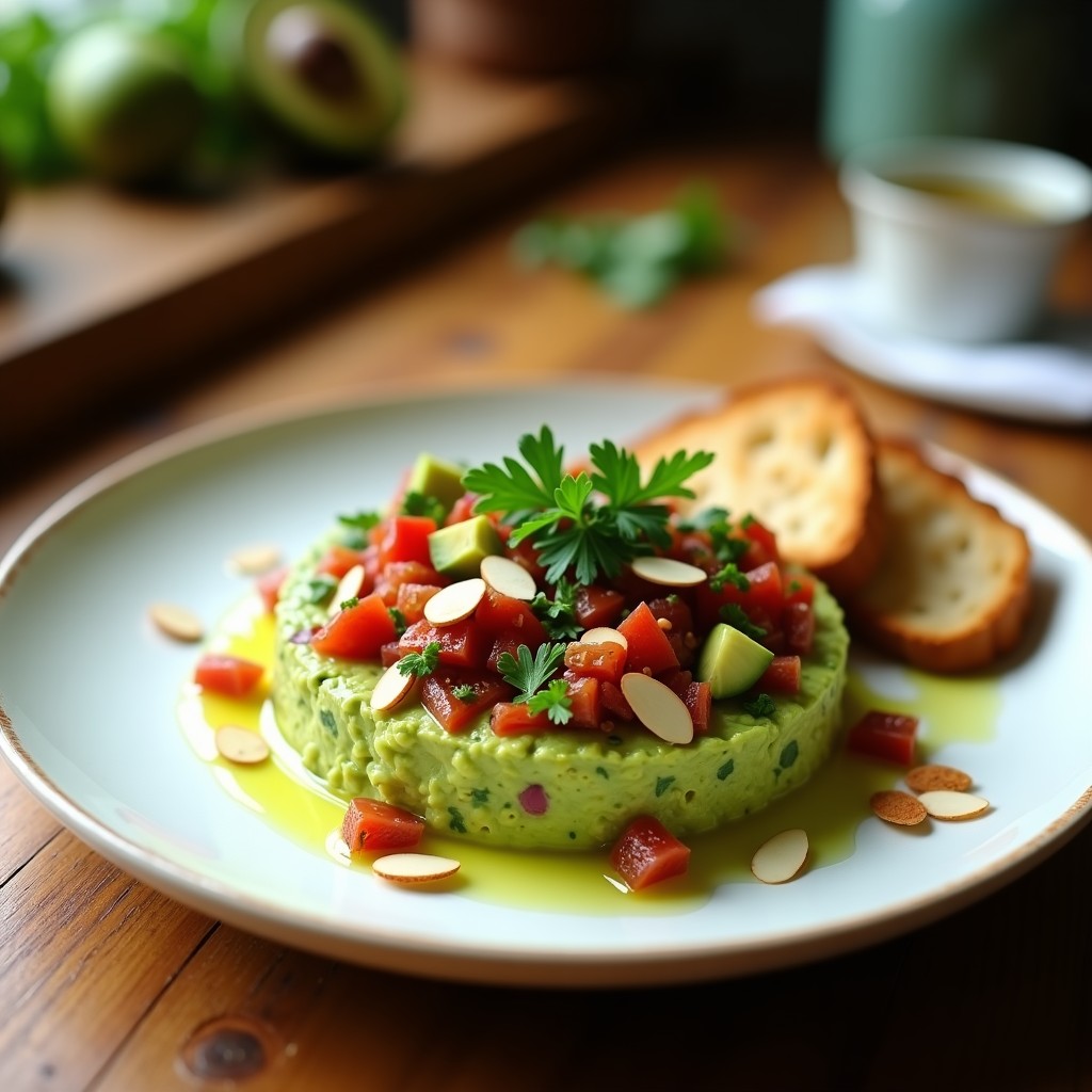 Plato blanco con tartar de aguacate y tomate seco vegano, decorado con almendras fileteadas y cilantro fresco, acompañado de tostadas sin gluten.