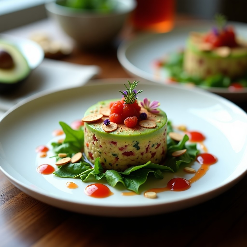 Tartar de aguacate y tomate seco con vinagreta de vinagre de frambuesa servido en plato blanco, decorado con almendras tostadas, rúcula baby y flores comestibles, receta vegana gourmet de aperitivo elegante.