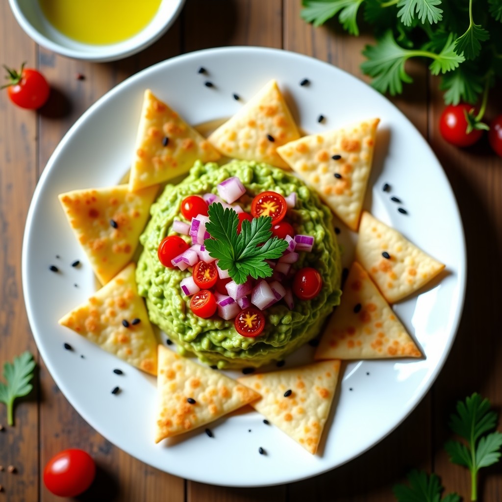 Plato blanco con tartar de aguacate verde cremoso, trozos de tomate cherry rojo y cebolla morada, rodeado de tortillas de maíz doradas y crujientes, espolvoreado con semillas de sésamo negras y blancas.