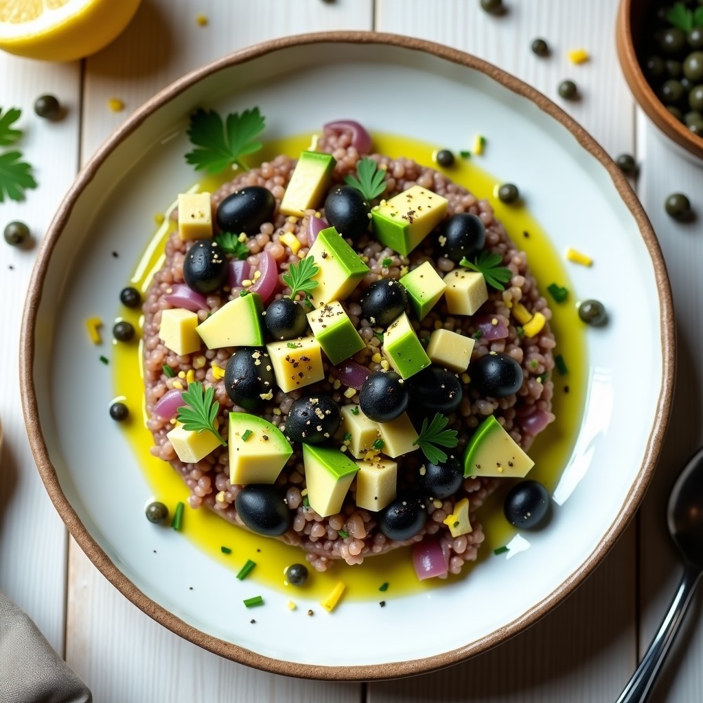 Tartar de alcachofa y aceitunas kalamata vegano servido en un plato blanco, con trozos de alcachofa cruda, aceitunas kalamata en láminas, aguacate en cubos y perejil fresco. Aliño brillante con aceite de oliva y decoración de escamas de sal marina.