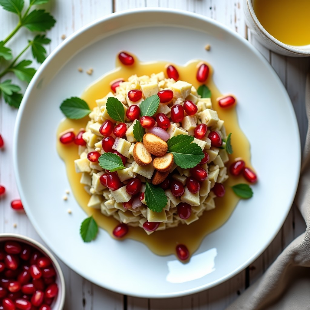 Tartar de alcachofa y almendras tostadas con vinagreta de granada en plato blanco. Alcachofas en dados, almendras doradas y semillas de granada rojas brillantes. Decorado con perejil y cebollino picado, con un hilo de vinagreta dorada alrededor.