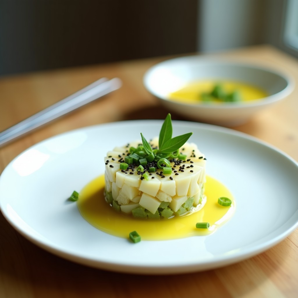 Tartar de alcachofa y corazón de palma con aliño de limón yuzu servido en copa transparente sobre fondo de madera oscura. Los dados de alcachofa y palma brillan con el aliño cítrico, decorados con semillas de sésamo negro y cebollino picado. Al fondo, hojas de nori y una rodaja de limón yuzu.