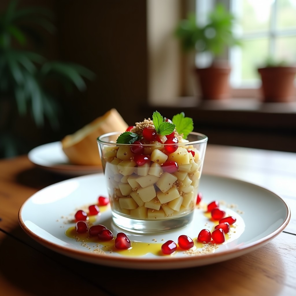 Tartar libanés vegano de alcachofa y granados con vinagreta de zaatar, servido en copa de cristal sobre fondo rústico de madera. Alcachofas en cubos, semillas de granado rojas brillantes, almendras tostadas y hierbas frescas. Decorado con hilo de aceite de oliva y zaatar espolvoreado.